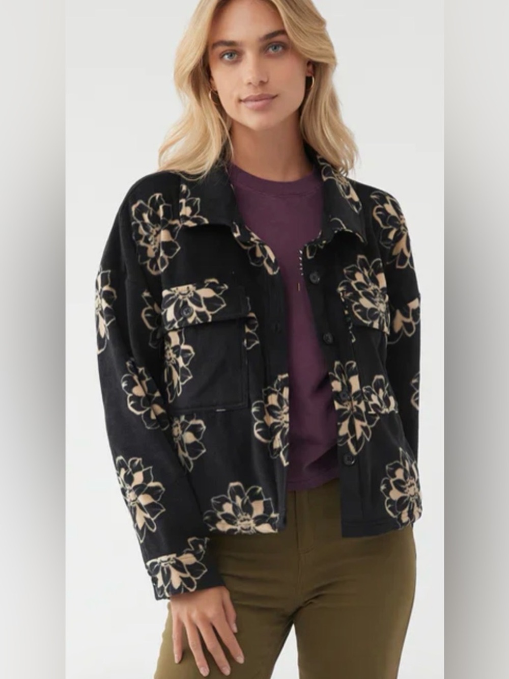 O’NEILL Colleen Crop Super Fleece Jacket Charcoal/Cream Size FLORAL PRINT